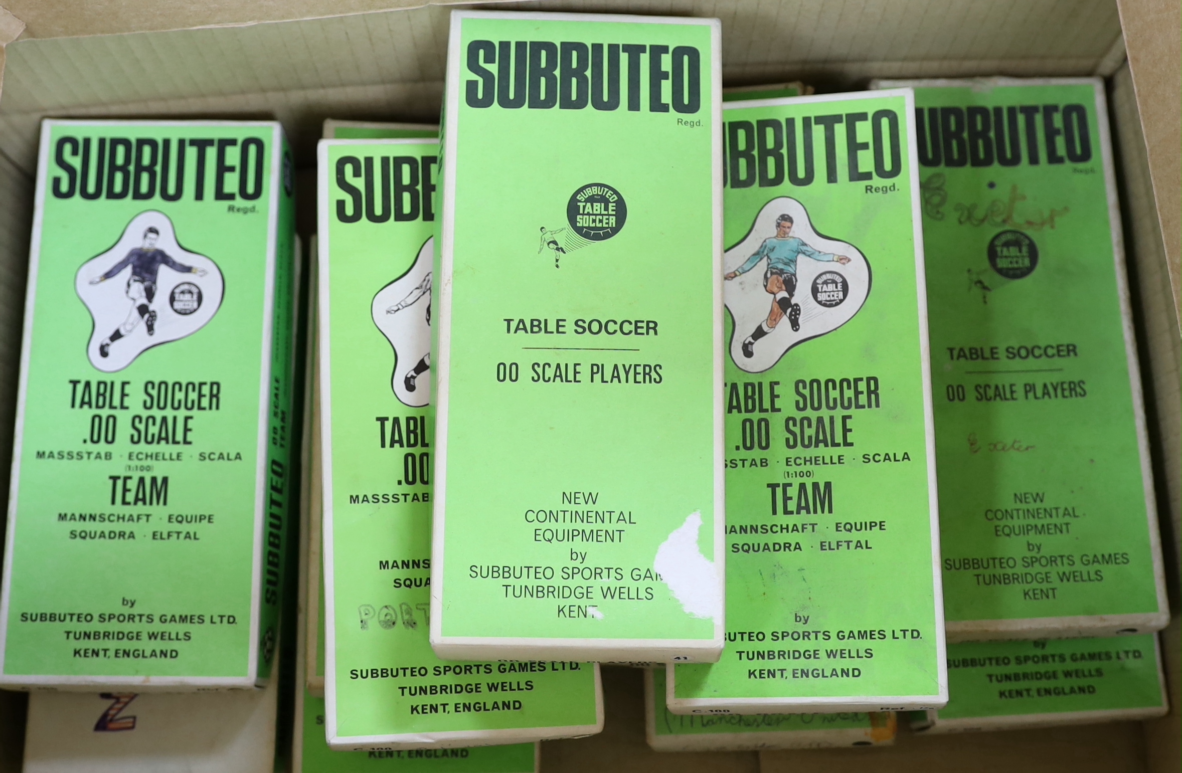 Eleven boxed Subbuteo table football teams, including; Blackpool, Exeter, Queens Park Rangers, Chelsea, Port Vale, Southampton, etc.